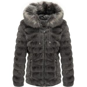 imageBellivera Women Double Sided Faux Fur Jacket Spring and Winter Fashion Reversible Hood Puffer Coat with Fur CollarGray