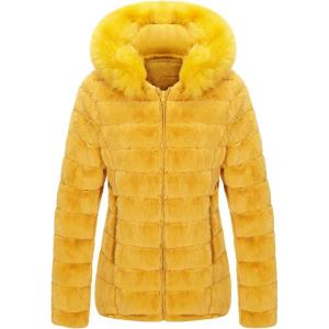 imageBellivera Women Double Sided Faux Fur Jacket Spring and Winter Fashion Reversible Hood Puffer Coat with Fur CollarYellow