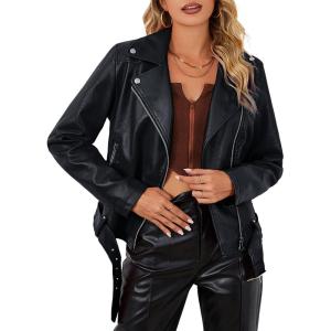 imageBellivera Womens Faux Leather Casual Jacket 2025 Spring Trendy Motorcycle Outfits Lightweight Classic CoatBlack With Belt