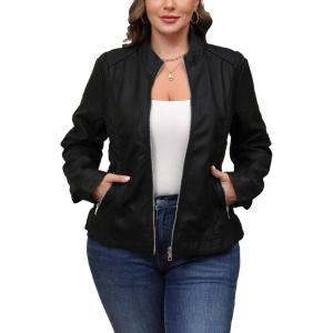 imageBellivera Faux Leather Jacket Women Motorcycle Zipper Bomber PU Bike Coat with PocketsBlack