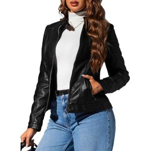 imageBellivera Faux Leather Jacket Women Motorcycle Zipper Bomber PU Bike Coat with PocketsBlack With Pocket