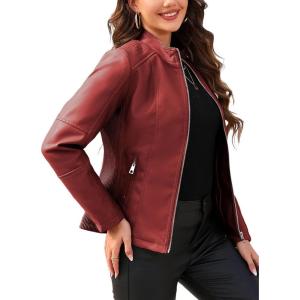 imageBellivera Faux Leather Jacket Women Motorcycle Zipper Bomber PU Bike Coat with PocketsCoal Red