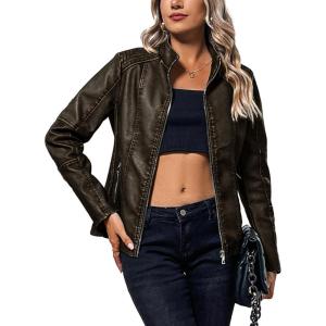 imageBellivera Faux Leather Jacket Women Motorcycle Zipper Bomber PU Bike Coat with PocketsCoffee Retro