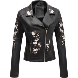 imageBellivera Faux Leather Jacket for Women Studded Rivet Floral Moto Biker Short Lapel CoatBlack Embroidered