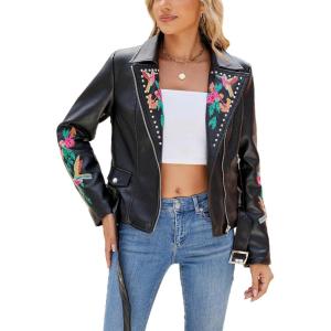 imageBellivera Faux Leather Jacket for Women Studded Rivet Floral Moto Biker Short Lapel CoatBlack Floral Belt Jacket