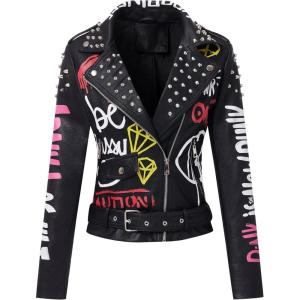 imageBellivera Faux Leather Jacket for Women Studded Rivet Floral Moto Biker Short Lapel CoatBlack Leather Jacket