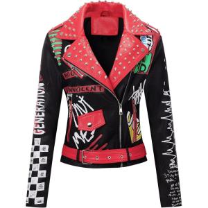 imageBellivera Faux Leather Jacket for Women Studded Rivet Floral Moto Biker Short Lapel CoatBlack Red