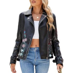 imageBellivera Faux Leather Jacket for Women Studded Rivet Floral Moto Biker Short Lapel CoatBlack Studded Jacket