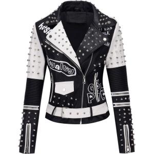 imageBellivera Faux Leather Jacket for Women Studded Rivet Floral Moto Biker Short Lapel CoatBlack White