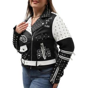 imageBellivera Faux Leather Jacket for Women Studded Rivet Floral Moto Biker Short Lapel CoatBlackwhite Plus
