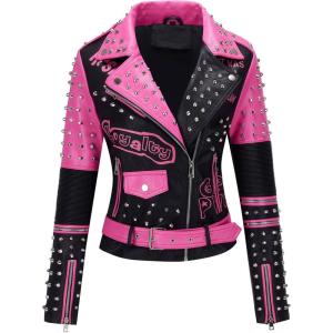 imageBellivera Faux Leather Jacket for Women Studded Rivet Floral Moto Biker Short Lapel CoatPink Black