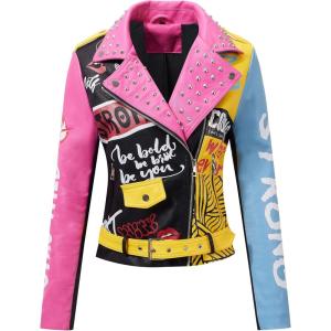 imageBellivera Faux Leather Jacket for Women Studded Rivet Floral Moto Biker Short Lapel CoatPink Blue