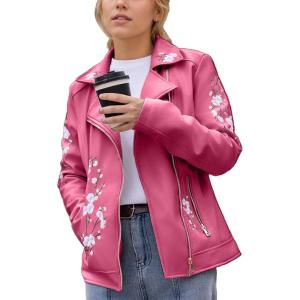 imageBellivera Faux Leather Jacket for Women Studded Rivet Floral Moto Biker Short Lapel CoatPink Embroidered