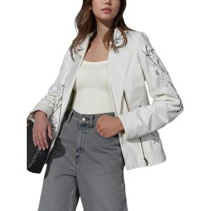 imageBellivera Faux Leather Jacket for Women Studded Rivet Floral Moto Biker Short Lapel CoatWhite Embroidered