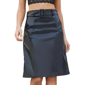 imageBellivera Women Faux Leather Basic Bodycon High Waisted Short PU Stretchy Pleated Mini SkirtAlined Skirt