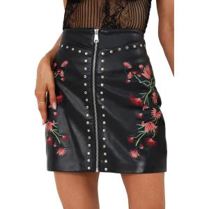 imageBellivera Women Faux Leather Basic Bodycon High Waisted Short PU Stretchy Pleated Mini SkirtEmbroidered Skirt