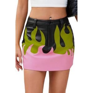 imageBellivera Women Faux Leather Basic Bodycon High Waisted Short PU Stretchy Pleated Mini SkirtPink Floral