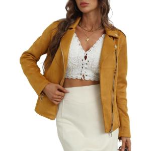 imageBellivera Women Faux Leather Motorcycle Jacket Trendy Moto Biker Casual Spring CoatYellow Faux Leather Jacket