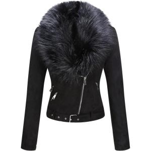 imageBellivera Women Faux Leather Suede Jacket Moto Biker Coat SherpaLined Overcoat with Removable BeltBlack