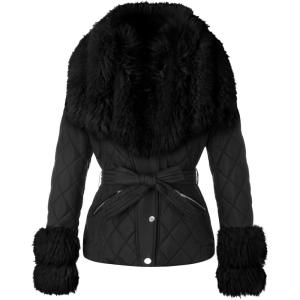 imageBellivera Women Faux Leather Suede Jacket Moto Biker Coat SherpaLined Overcoat with Removable BeltBlack Removable Fur Collar