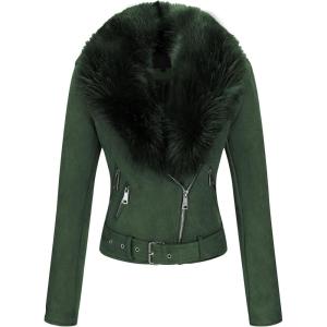 imageBellivera Women Faux Leather Suede Jacket Moto Biker Coat SherpaLined Overcoat with Removable BeltGreen