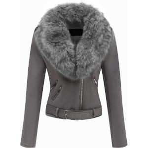 imageBellivera Women Faux Leather Suede Jacket Moto Biker Coat SherpaLined Overcoat with Removable BeltGrey