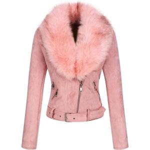 imageBellivera Women Faux Leather Suede Jacket Moto Biker Coat SherpaLined Overcoat with Removable BeltPink
