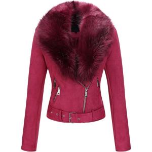 imageBellivera Women Faux Leather Suede Jacket Moto Biker Coat SherpaLined Overcoat with Removable BeltRed