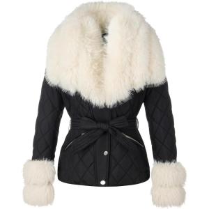 imageBellivera Women Faux Leather Suede Jacket Moto Biker Coat SherpaLined Overcoat with Removable BeltWhite Removable Fur Collar