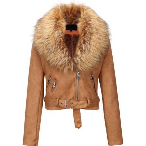 imageBellivera Women Faux Leather Suede Jacket Moto Biker Coat SherpaLined Overcoat with Removable BeltYellow