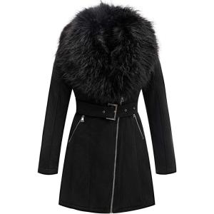 imageBellivera Women Faux Leather Trench Coat FleeceLined Midlength Jacket with Detachable Fur CollarBlack Suede
