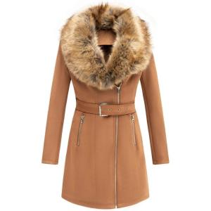 imageBellivera Women Faux Leather Trench Coat FleeceLined Midlength Jacket with Detachable Fur CollarCamel Suede