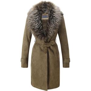 imageBellivera Women Faux Leather Trench Coat FleeceLined Midlength Jacket with Detachable Fur CollarGreen