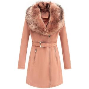 imageBellivera Women Faux Leather Trench Coat FleeceLined Midlength Jacket with Detachable Fur CollarOrangepink Suede