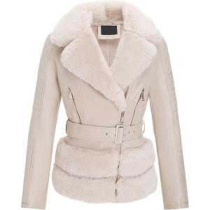imageBellivera Women Faux Suede Leather Jacket Moto Biker Coat SherpaLined Outerwear with Detachable BeltBeige Leather