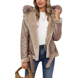 imageBellivera Women Faux Suede Leather Jacket Moto Biker Coat SherpaLined Outerwear with Detachable BeltCamel Shearling Lined