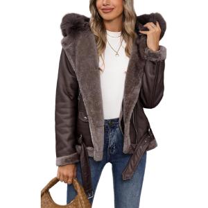 imageBellivera Women Faux Suede Leather Jacket Moto Biker Coat SherpaLined Outerwear with Detachable BeltCoffee Shearling Lined