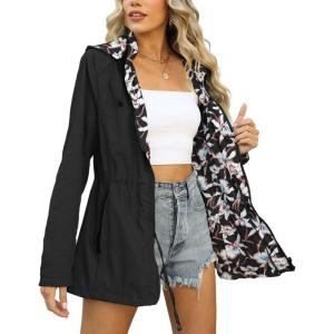 imageBellivera Women Reversible Lightweight Jacket Casual Windbreaker Outerwear Waterproof Outdoor Printed RaincoatBlack
