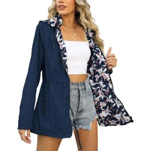 imageBellivera Women Reversible Lightweight Jacket Casual Windbreaker Outerwear Waterproof Outdoor Printed RaincoatBlue