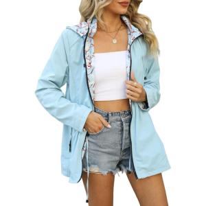 imageBellivera Women Reversible Lightweight Jacket Casual Windbreaker Outerwear Waterproof Outdoor Printed RaincoatLakeblue