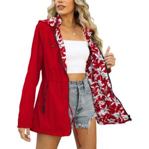 imageBellivera Women Reversible Lightweight Jacket Casual Windbreaker Outerwear Waterproof Outdoor Printed RaincoatRed