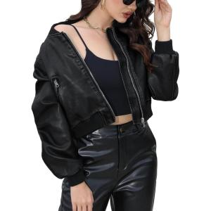 imageBellivera Womens Cropped Faux Leather Jacket Bomber Casual Zip Up Coat PU Moto Bike Outwear with PocketsBlack