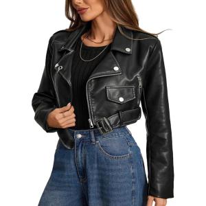 imageBellivera Womens Cropped Faux Leather Jacket Bomber Casual Zip Up Coat PU Moto Bike Outwear with PocketsBlack Bomber