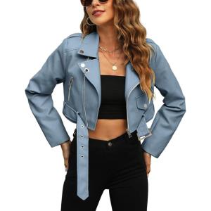 imageBellivera Womens Cropped Faux Leather Jacket Bomber Casual Zip Up Coat PU Moto Bike Outwear with PocketsBlue Crop