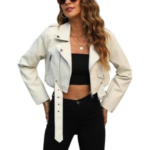 imageBellivera Womens Cropped Faux Leather Jacket Bomber Casual Zip Up Coat PU Moto Bike Outwear with PocketsWhite Crop