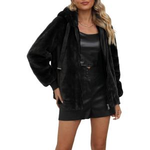 imageBellivera Womens Faux Fur Coat Shearling Fluffy Fuzzy Shaggy Hood SherpaLined Fleece JacketBlack Faux Fur