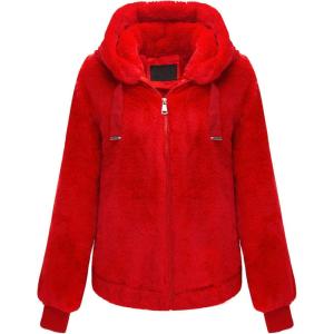 imageBellivera Womens Faux Fur Coat Shearling Fluffy Fuzzy Shaggy Hood SherpaLined Fleece JacketRed Faux Fur
