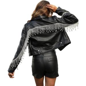 imageBellivera Womens Faux Leather Jacket Studded Rivet Casual Short Moto Biker Stand Collar CoatBlack Fringe
