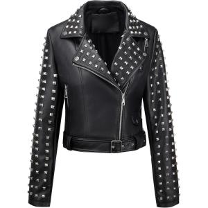imageBellivera Womens Faux Leather Jacket Studded Rivet Casual Short Moto Biker Stand Collar CoatBlack Studded Jacket