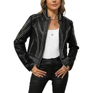 imageBellivera Womens Faux Leather Jacket Studded Rivet Casual Short Moto Biker Stand Collar CoatStand Collar Black